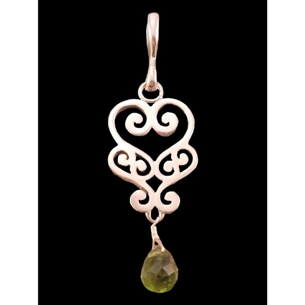 Barse Heart Scroll Swirl Dangle Faceted Peridot Drop Sterling Pendant -NEW